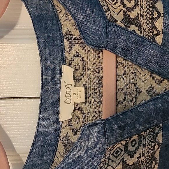 ODDY Boutique Chambray Style Linen Geometric Shoulder Design Dress Sz Small EUC - Picture 4 of 9